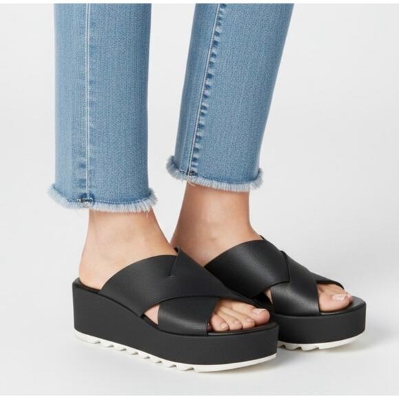 Sorel Black Cameron Flatform Mule Sandal Slip On Crisscross Flip flop 7 NEW - Picture 2 of 13